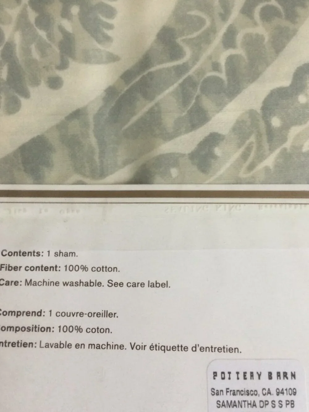 NEW Pottery Barn Foundations Samantha Damask Standard pillow sham Grey Cream